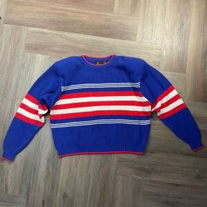 Vintage 90s‎ Lizsport Striped Ribbed Knit Cotton Sweater Womens Large Blue Red